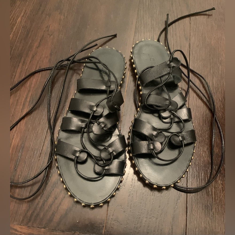 J Crew Womens Black leather gladiator lace up sandals with gold stud details.